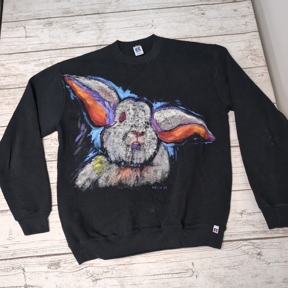 Vintage Russell Athletic Made In USA Black Sweater With Rabbit Size Large